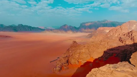 Panoramic Drone View of Wadi Rum Mountains and Desert Stock Footage 341645029