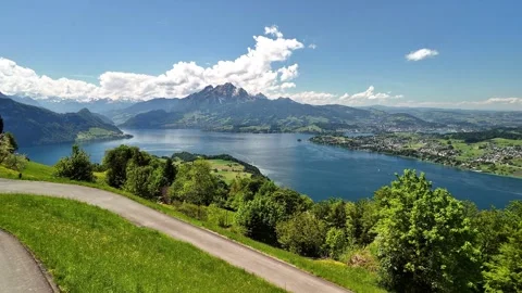 Panoramic Drone View of Weggis and Lake Lucerne, Switzerland Stock Footage 336833761