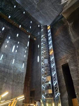 Panoramic elevator with yellow and blue lights Stock Photos