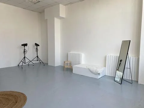 Panoramic empty studio room with equipment and mirror Stock Photos