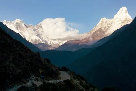 Panoramic evening view of Ama Dablam, Mount Everest and Lhotse - way to Evere Stock Photos