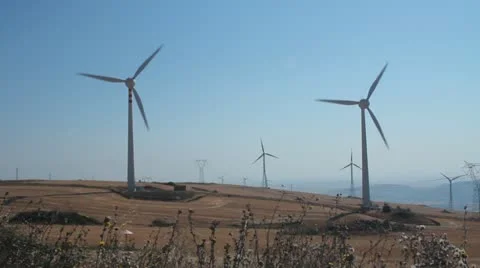 Panoramic of a field of wind turbines Video stock 11893831