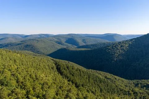 Panoramic Forested Mountain Landscape With Rolling Green Hills and Clear Bl.. Stock Photos