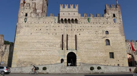 Panoramic frontal view of Marostica lower castle with tourists and traffic Stock Footage 66965460