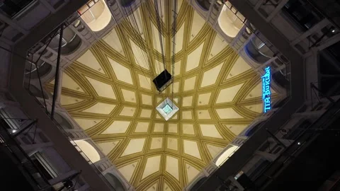Panoramic glass elevator ascending inside Mole Antonelliana in Turin, Italy Stock Footage 329491174