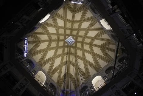 Panoramic glass elevator ascending inside Mole Antonelliana in Turin, Italy Stock Photos