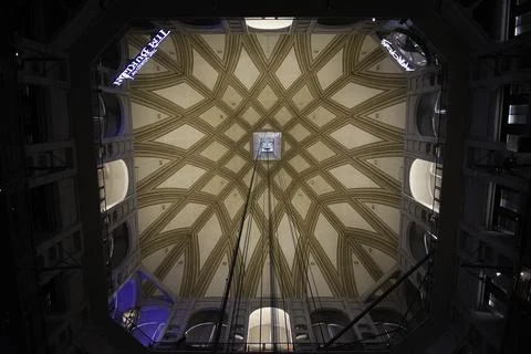 Panoramic glass elevator ascending inside Mole Antonelliana in Turin, Italy Stock Photos