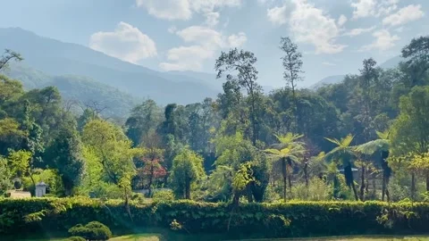 Panoramic Green Mountain Landscape with Distant Roof – Summer Nature View Stock Footage 313427452