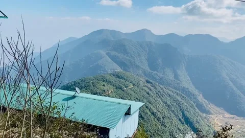 Panoramic Green Mountain Landscape with Distant Roof – Summer Nature View Stock Footage 313427945