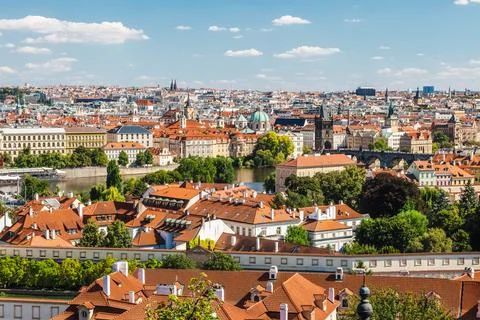 Panoramic HDR View of Prague Rooftops and Vltava River Stock Photos