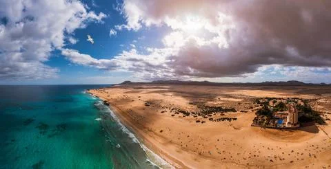 Panoramic high angle aerial drone view of Corralejo National Park (Parque N.. Stock Photos