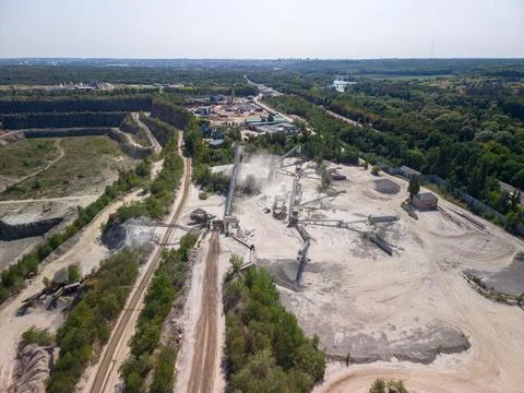 Panoramic high angle drone view of active stone processing plant and crushi.. Fotos Stock