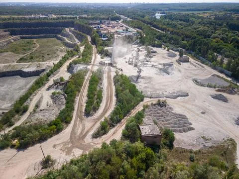 Panoramic high angle drone view of industrial stone processing factory with.. Fotos de archivo