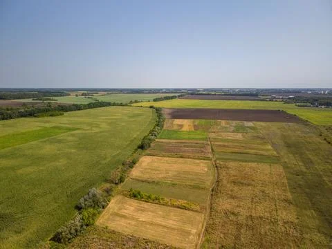 Panoramic high angle drone view of vast green and yellow agricultural fields Photos