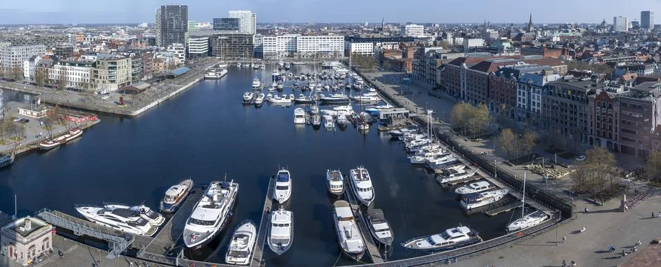 Panoramic high angle view on Eilandje and Willemdok in Antwerp Stock Photos