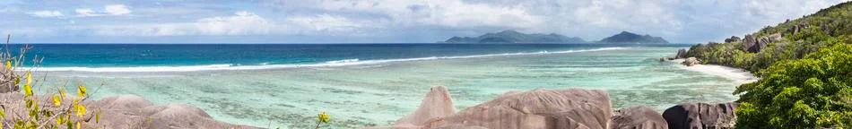 Panoramic high angle view of the famous Anse Source D'Argent in La Digue, Sey Stock Photos