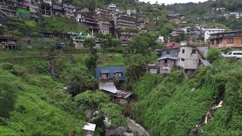 Panoramic High Angle View, Houses At The Mountain River, Banaue, Philippines Видео 237876074