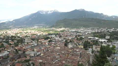 Panoramic high-angle view of Riva del Garda resort city, harbour, and surroundin Stock Footage 341334260