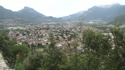 Panoramic high-angle view of Riva del Garda resort city, harbour, and surroundin Stock Footage 341335134