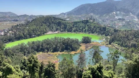 Panoramic High Angle View of Telaga Warna and Telaga Pengilon in Dieng Stock Footage 342384298