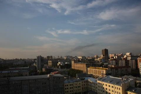 Panoramic high angle view of urban city residential and business district Stock Photos