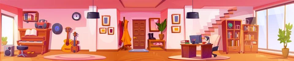 Panoramic home interior cartoon vector Stock Illustration