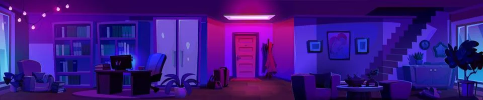 Panoramic home interior at night. Stock Illustration