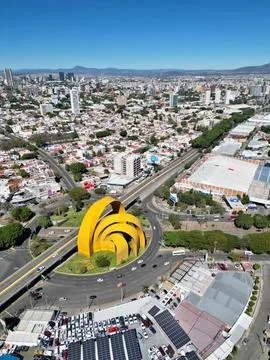 Panoramic horizontal drone shot of Arcos del Milenio, Guadalajara, Mexico 스톡 사진