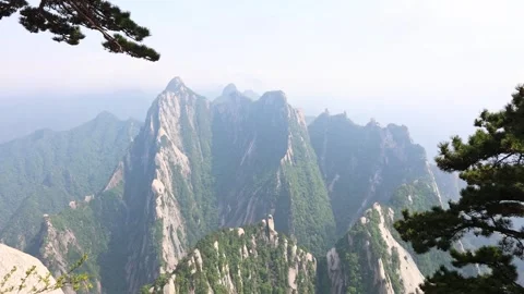 Panoramic Huashan Mountain Range Peaks Under Bright Daylight Stock Footage 342239983