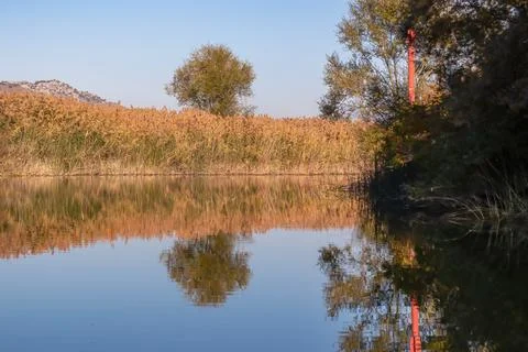 Panoramic idyllic view of water reflection in Crmnica river going to Lake S.. Foto stock