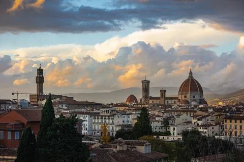 This panoramic image captures the historic skyline of Florence, Italy, during Stock Photos