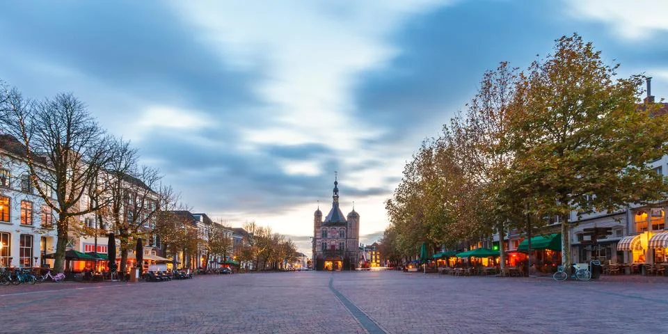 Panoramic image of the central square in the historic dutch city deventer Stock Photos
