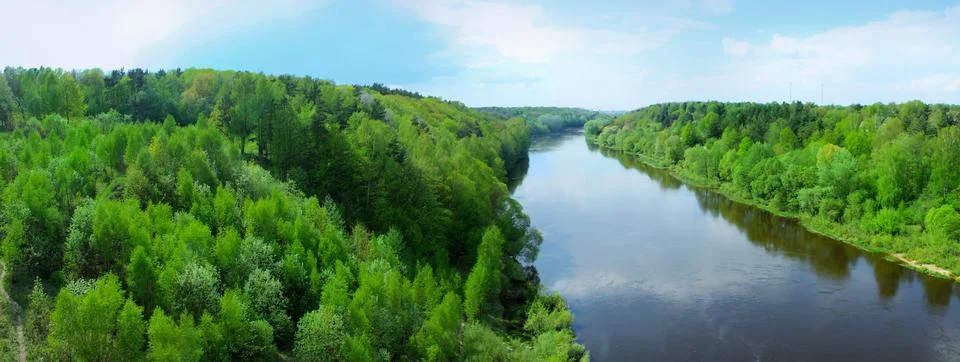 Panoramic image of deciduous forests and rivers. Stock Photos