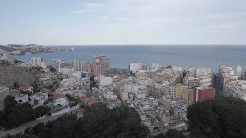 Panoramic image from the mountain of the city and the bay of Cullera Stockbeeldmateriaal 105828833