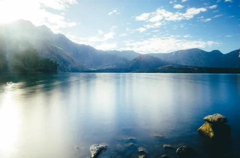 Panoramic image of Segara Anak Lake in Mount Rinjani, Lombok, Indonesia 스톡 사진