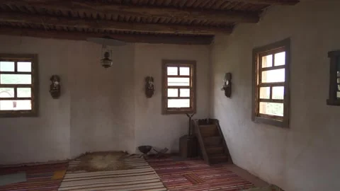 Panoramic interior of old village mosque, simple prayer hall, wooden beams Stock Footage 339467079