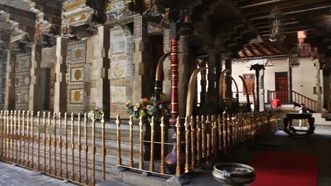 Panoramic Interior of Temple of the Tooth Buddha in Kandy Sri Lanka front view Stock Footage 83474874