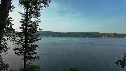 Panoramic Lake Landscape Through Forest Trees With Calm Water Stock Footage 335801936