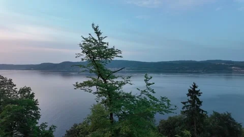 Panoramic Lake Landscape Through Forest Trees With Calm Water Stock Footage 335801943