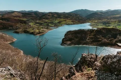 Panoramic Lake View from Cliff by River Stock Photos