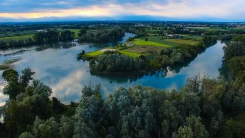 Panoramic lake view from drone Foto stock