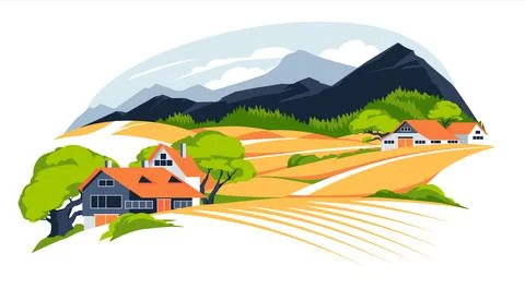 Panoramic landscape with meadows and mountains. Houses in rural area vector illu Stock Illustration