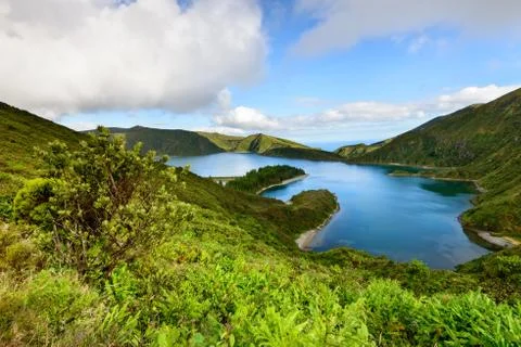 Panoramic landscape overlooking Lagoa do Fogo a beautiful lagoon in Azores Stock Photos