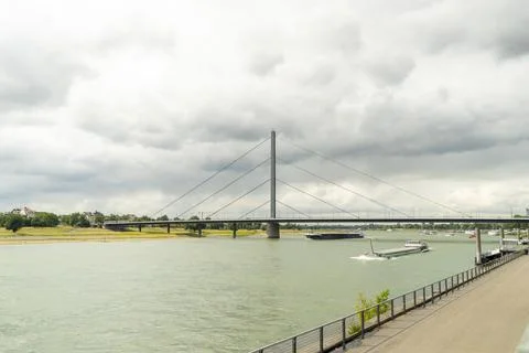 Panoramic landscape of the Rhine riverfront featuring the cable-stayed Oberk.. Stock Photos