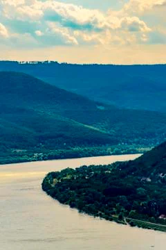Panoramic landscape of river and mountains, high angle. Stock Photos