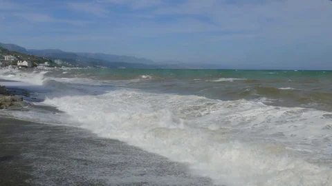 Panoramic landscape of stormy sea Stock Footage 80428653