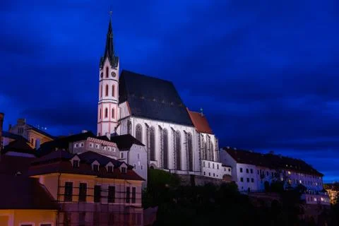 Panoramic landscape sunset view with blue dark sky the historic city of Cesky Фото