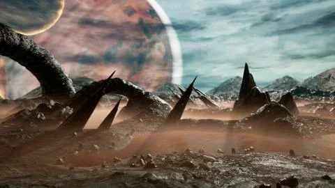 Panoramic landscape of the surface of a creepy alien planet. 3D Rendering. Stock Illustration