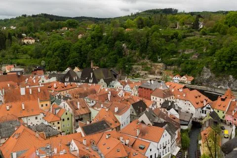Panoramic landscape view above from aerial of the historic city of Cesky Krum Photos