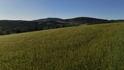 Panoramic Landscape View of Green Fields and Forest Ridges Stock Footage 346804611